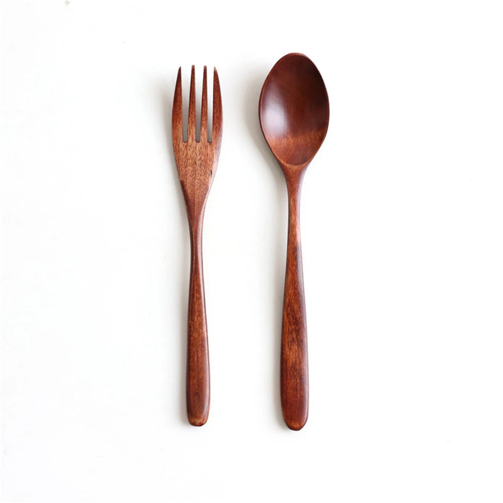 2Pcs Natural Wooden Spoon & Fork