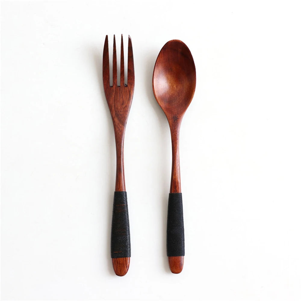 2Pcs Natural Wooden Spoon & Fork