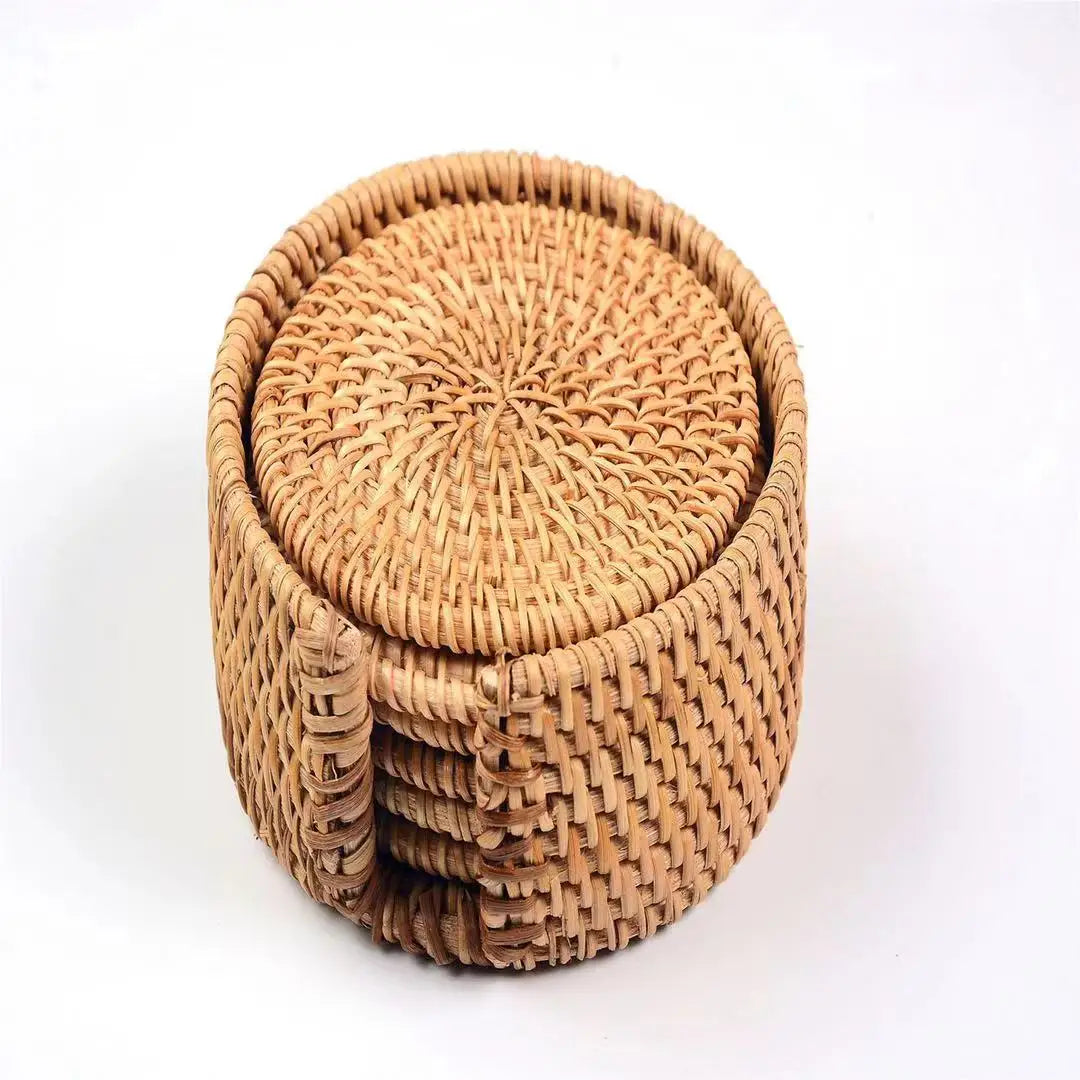 Natural Cup Mat With Storage Box Hand Woven Placemat Braided Mat