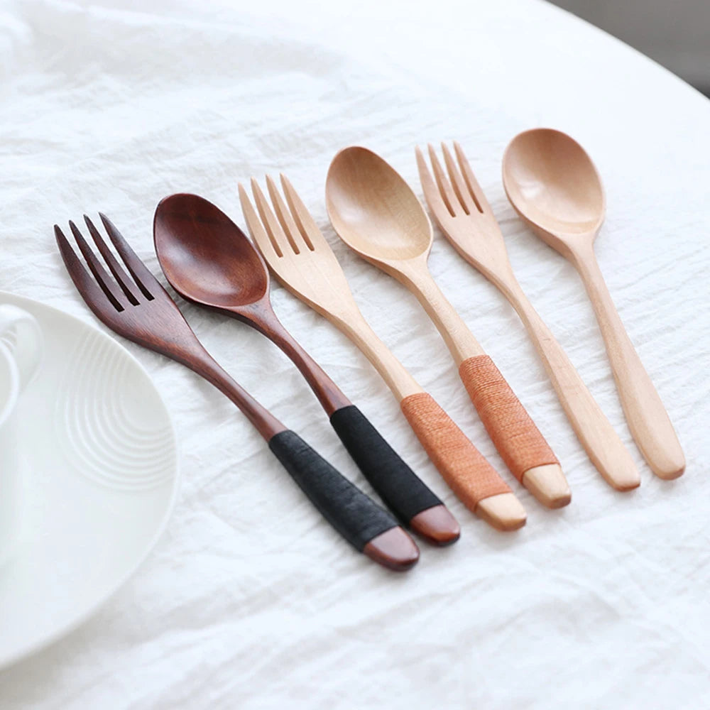 2Pcs Natural Wooden Spoon & Fork
