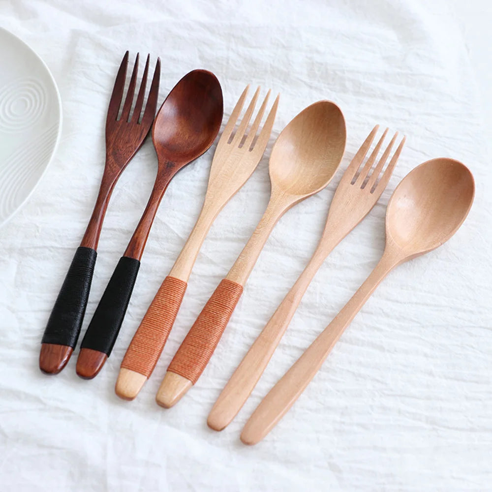 2Pcs Natural Wooden Spoon & Fork
