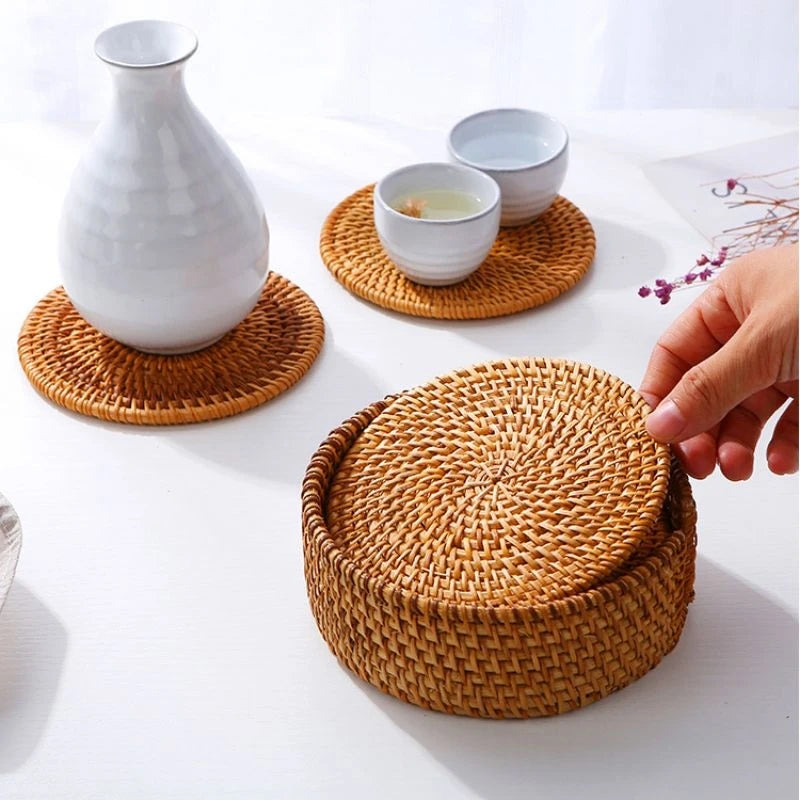 Natural Cup Mat With Storage Box Hand Woven Placemat Braided Mat