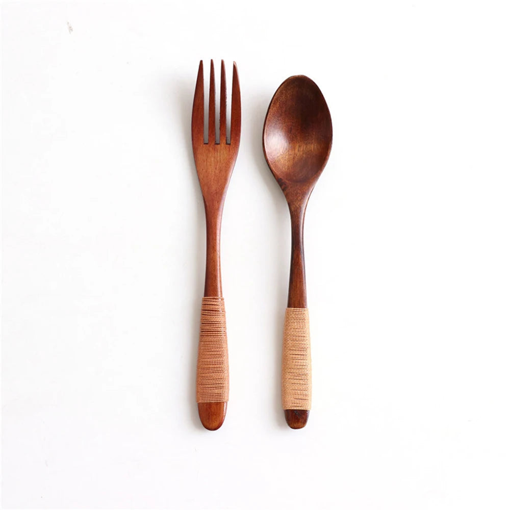 2Pcs Natural Wooden Spoon & Fork