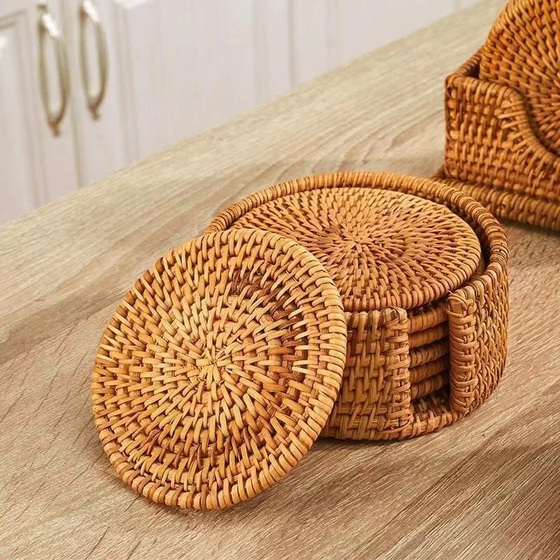 Natural Cup Mat With Storage Box Hand Woven Placemat Braided Mat