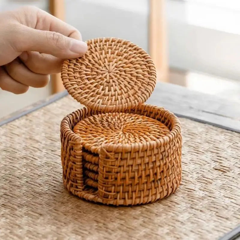 Natural Cup Mat With Storage Box Hand Woven Placemat Braided Mat