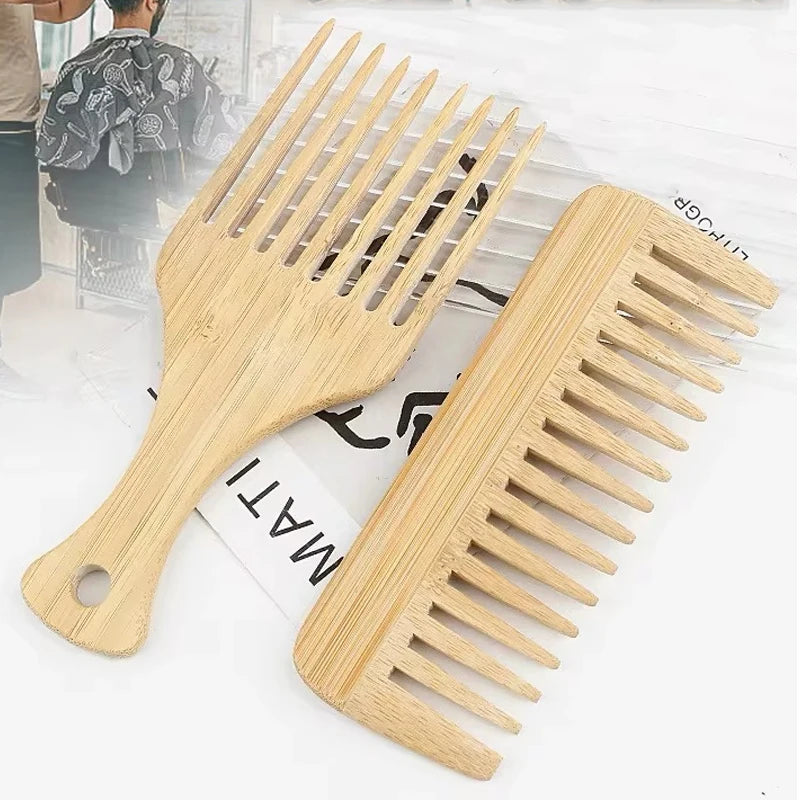 2Pcs/Set Natural Bamboo Wooden Comb Anti-Static Afro Fork Combs