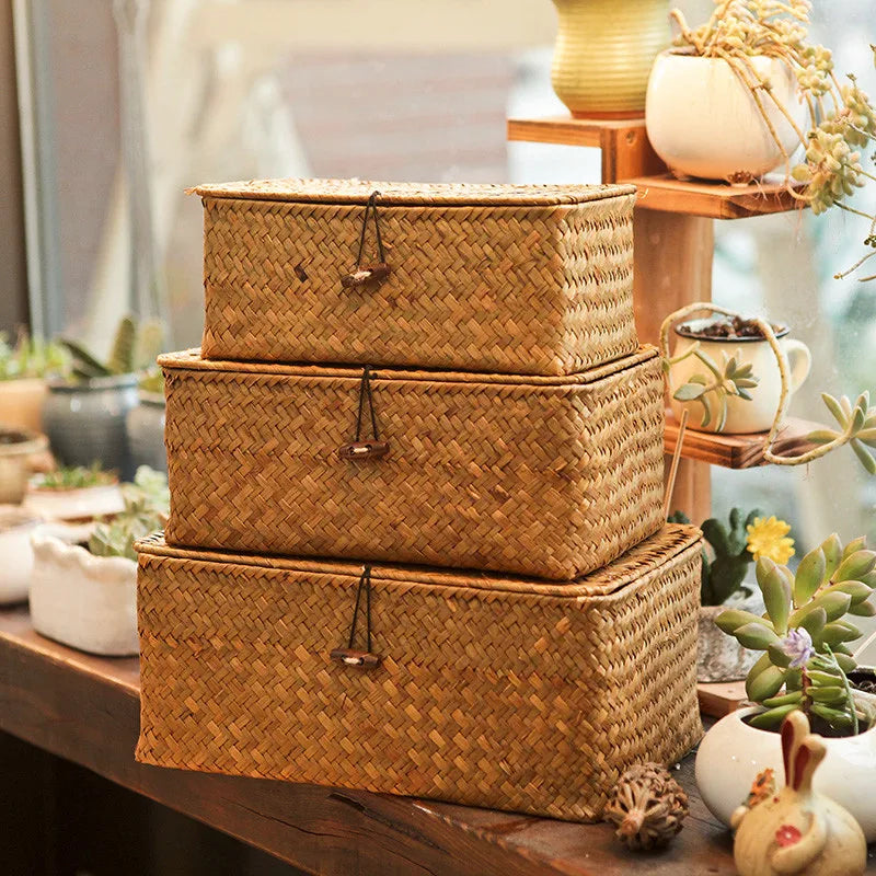 Rectangular Desktop Storage Box Hand Woven Storage Basket