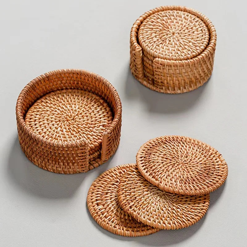 Natural Cup Mat With Storage Box Hand Woven Placemat Braided Mat